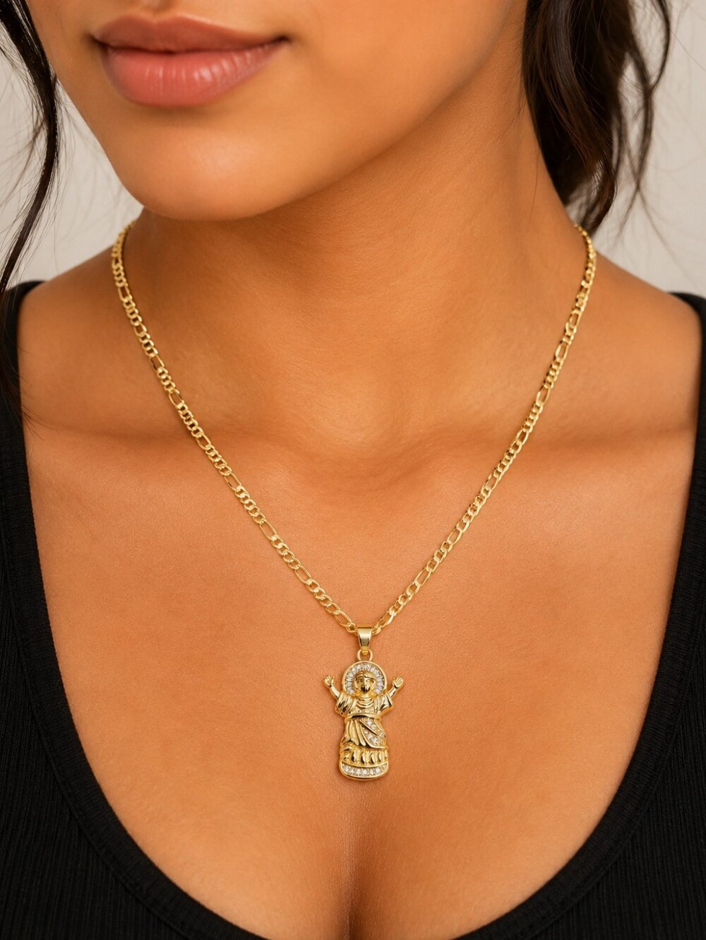 Gold Tone Saint Pendant Necklace Figaro Chain CZ Accents Religious Charm 20"